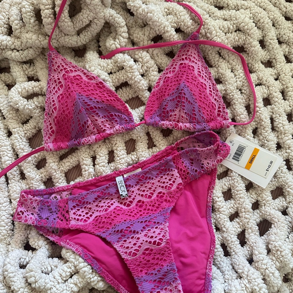 BECCA Pink and Purple Crochet Triangle Bikini Set
